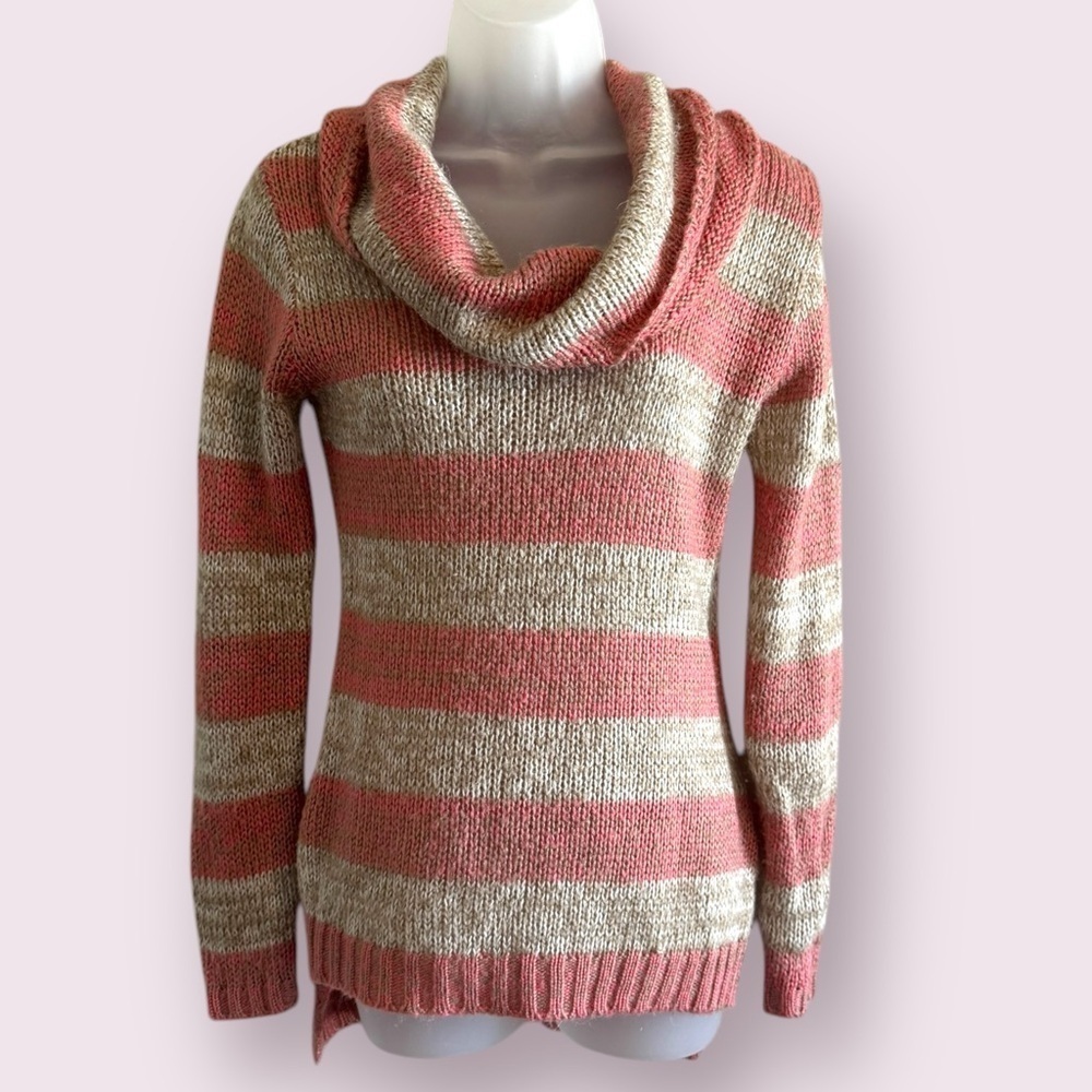 Ultra Flirt Pink Tan Striped Knit Sweater Cowl Neck Size M